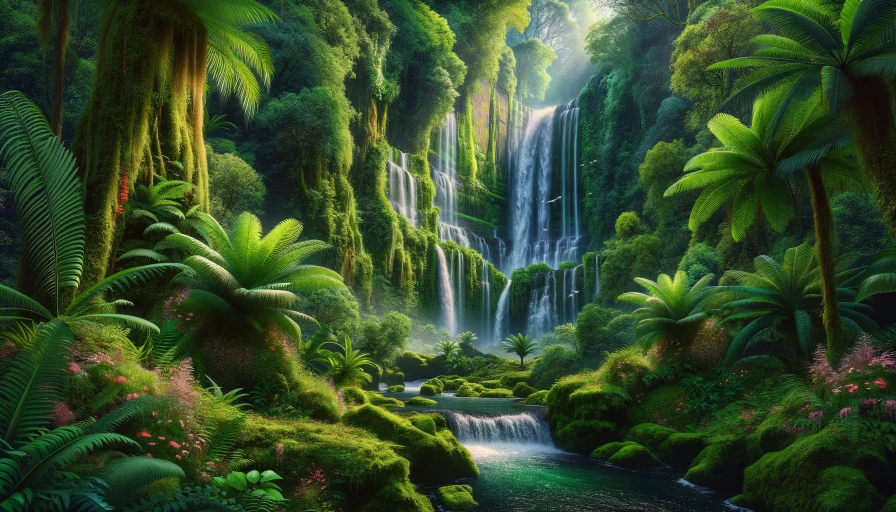 A beautiful waterfall in a tropical forest. Photo realistic. Hyper realistic