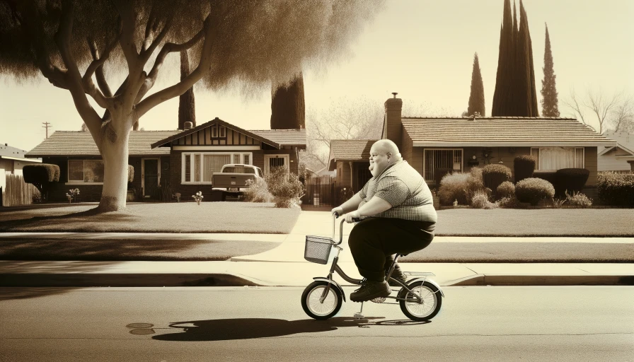 A big overweight person riding a tiny bike in suburbs on a hot sunny day