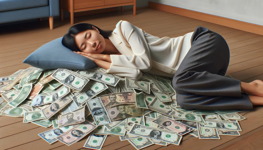 A big pile of money with a person sleeping on it