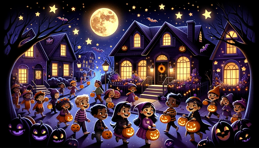 A cartoonish Halloween trick or treat night