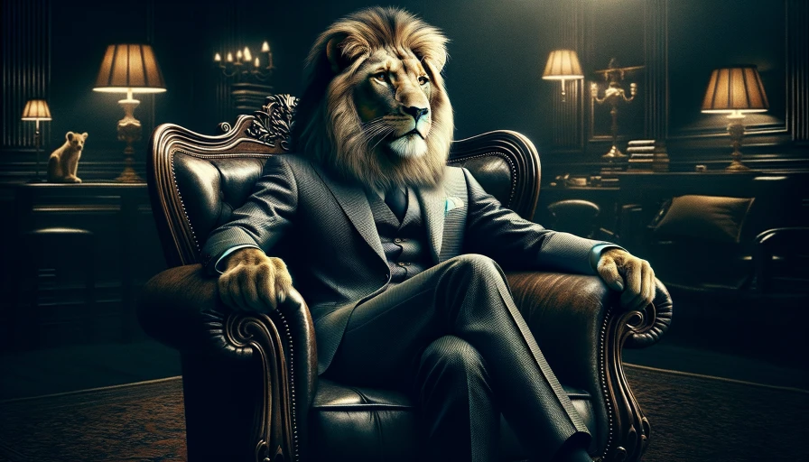 A cool suave lion dressed in a suite, sitting in an elegant chair, looking dapper