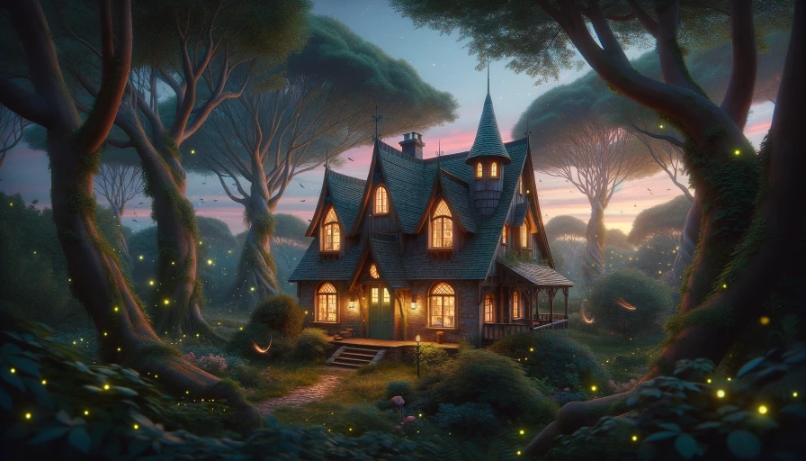 A cottage in the forest, lights in windows, whimsical, fantasy. fire fireflies evening