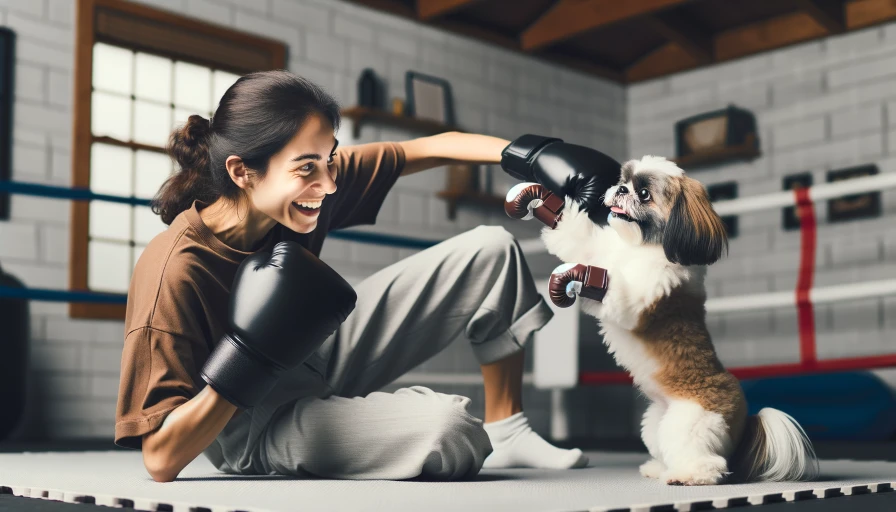 A darker haired lady boxing a shih tzu