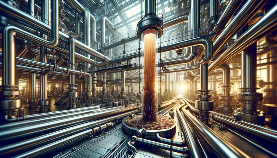 A factory with brown liquids in clear tubes