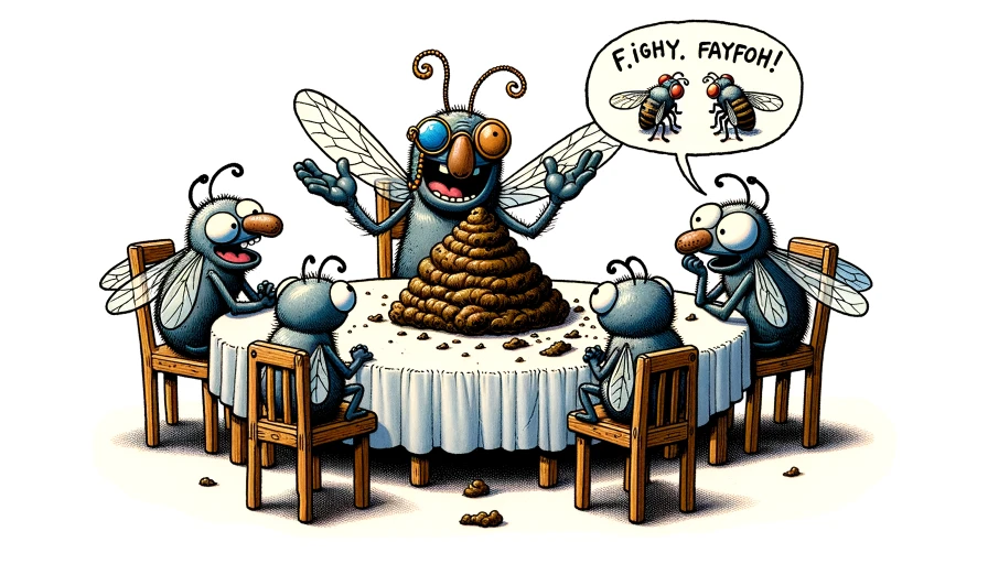 A fly talking to his family over a poo dinner