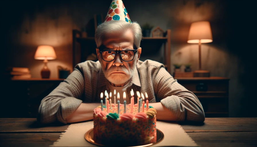 A grumpy old man with glasses, birthday hat, cake, sitting at table, staring at camera