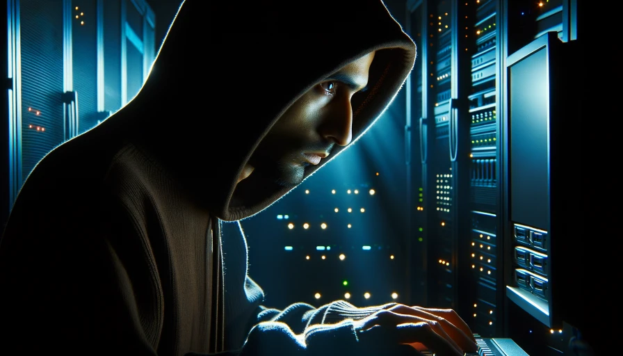 A hooded hacker guy in a dark room staring at computer screen