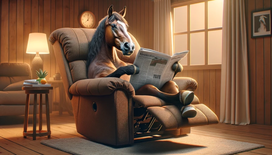 A horse sitting in a recliner reading newspaper