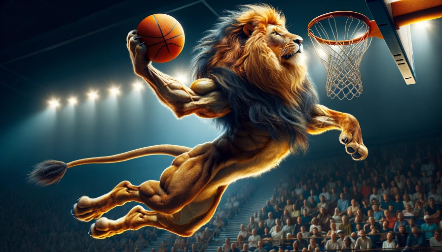 A lion slam dunking a basket ball