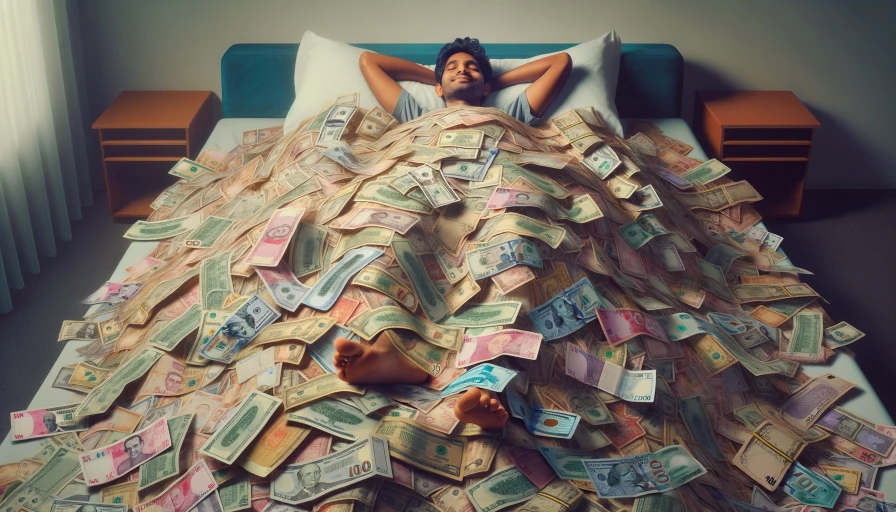 A massive heaping pile of money with a person sleeping on it