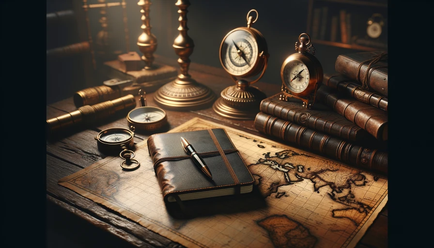 A notebook, pen, compass, glasses, and map on a table, dark room