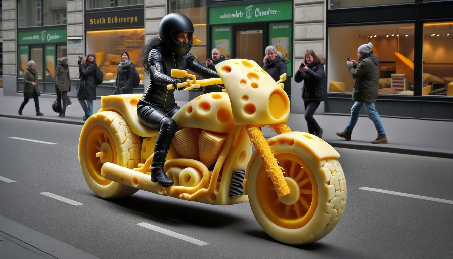 A person on a motorcycle made of cheese