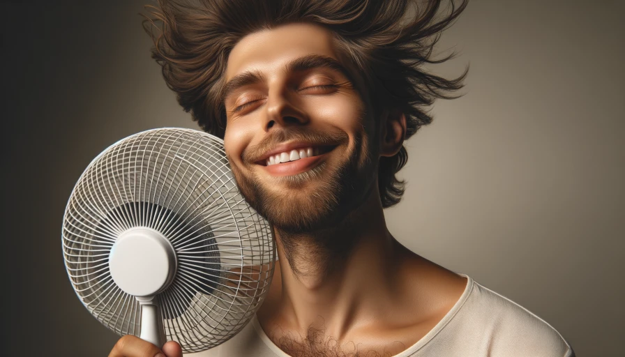 A person smiling with eyes closed as a fan blows in their face.