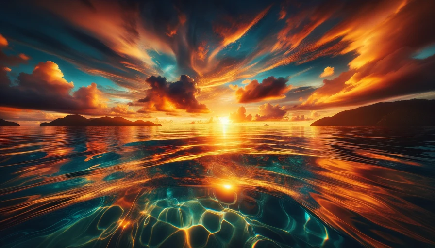 A tropical ocean during sunrise. Photo realistic. Hyper realistic.