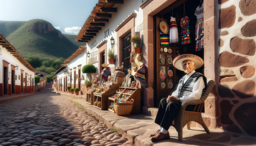 An old man sitting outside of a shop in a small Mexican town