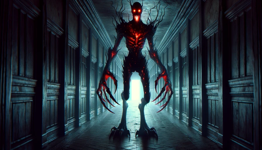 Creepy monster with red eyes, claws, lanky, at the end of a long dark hallway