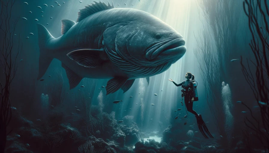 Deep sea diver encouraging a massive 4000lb fish. Dark water. Realistic