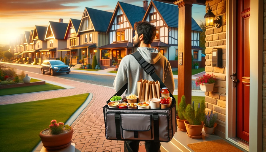 food delivery person dropping off food at a house