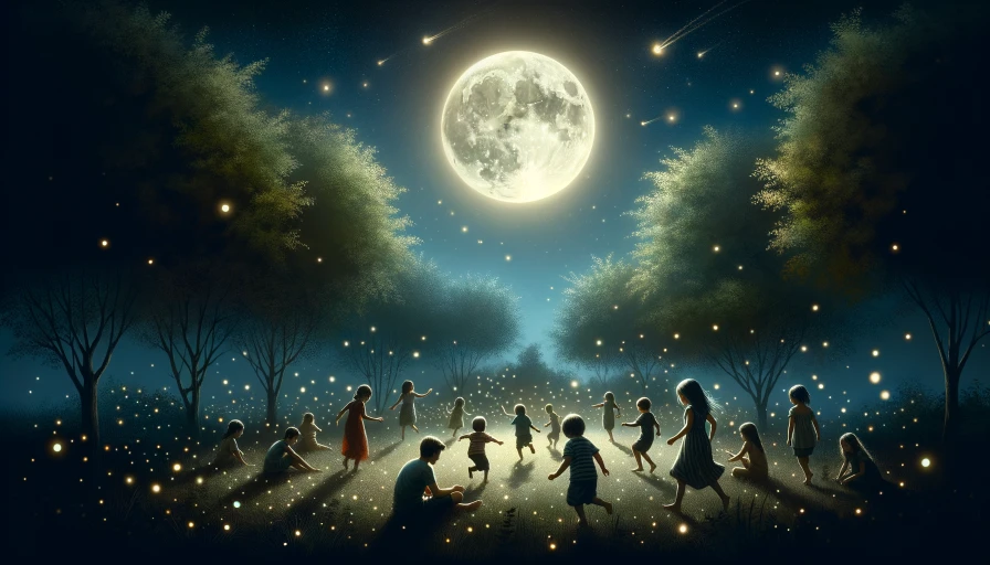 Full moon in night sky, fireflies, summer, children playing