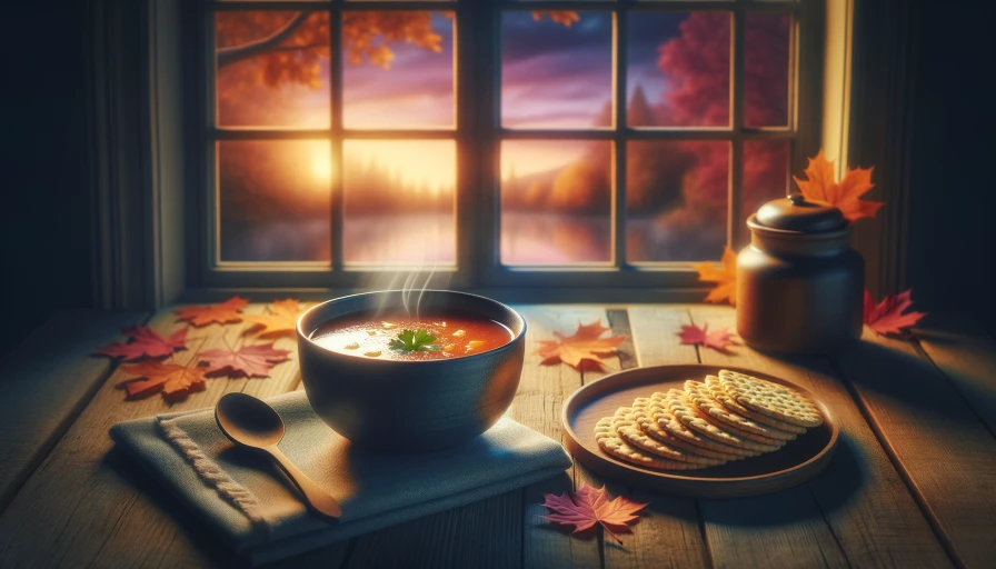 Hot bowl of warm soup and crackers on dinner table. Cool fall day outside window