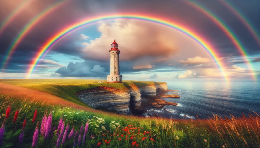 lighthouse off in distance with rainbow overhead