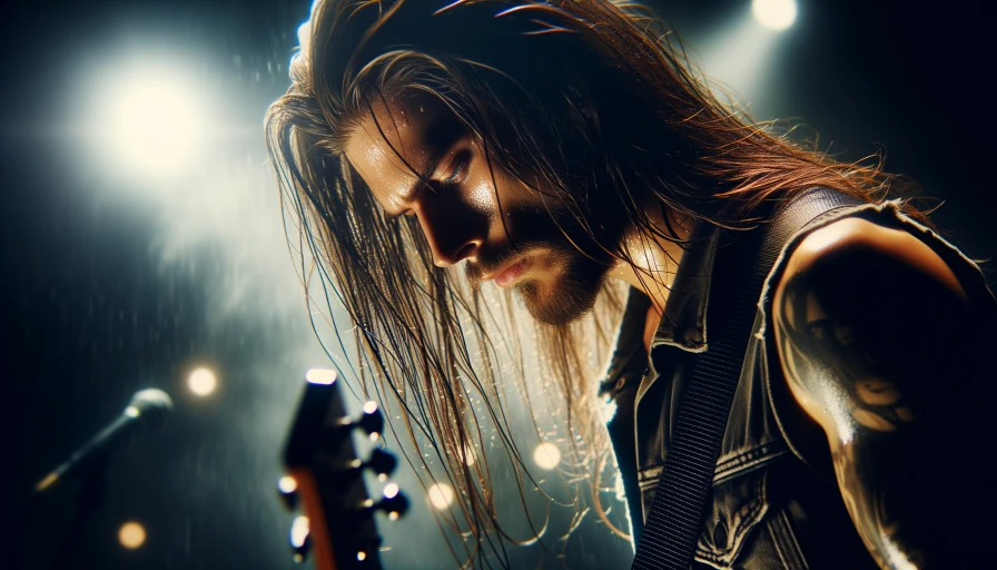 long haired rock star jamming on a guitar, on stage, close up, photo, realistic