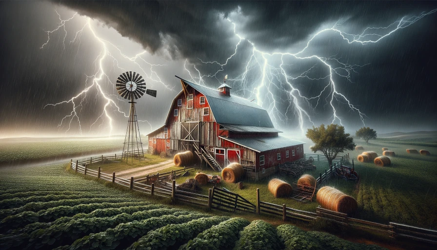 Night  time thunderstorm with barn and windmill