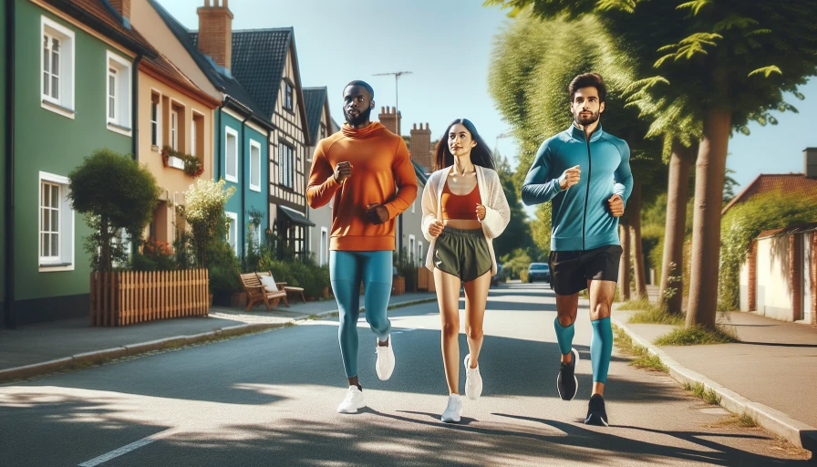 photo of 3 people jogging down suburban street