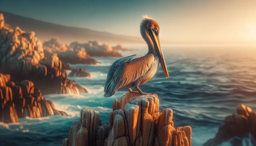 photo of a pelican sitting on a rock, observing the ocean