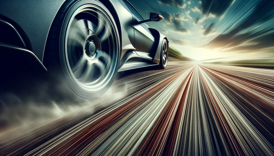 photo of a side of  a sports car, tire view, speeding down a road