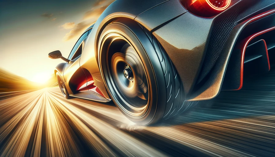 photo of a side of  a sports car, tire view, speeding down a road