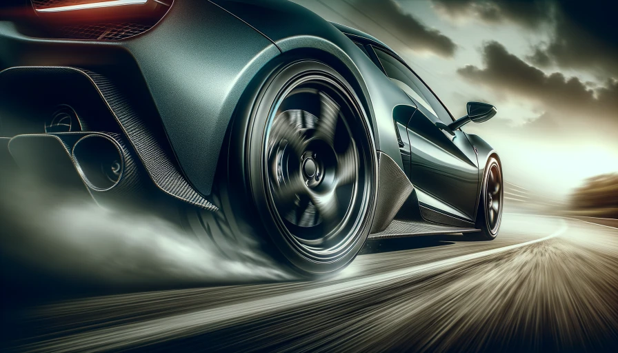 photo of a side of  a sports car, tire view, speeding down a road