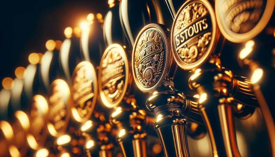 photo of close up of bar taps, golden taps