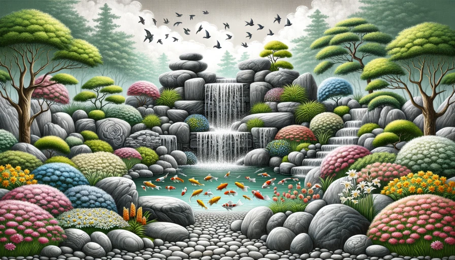 photo of stone garden with waterfall, flowers, fish, and birds