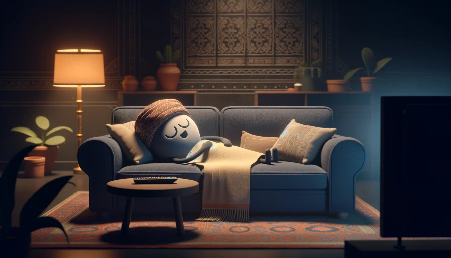 Realistic cartoon taking nap on couch, TV on