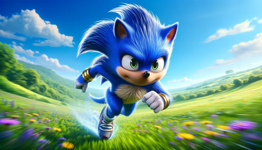 Sonic running in a green field