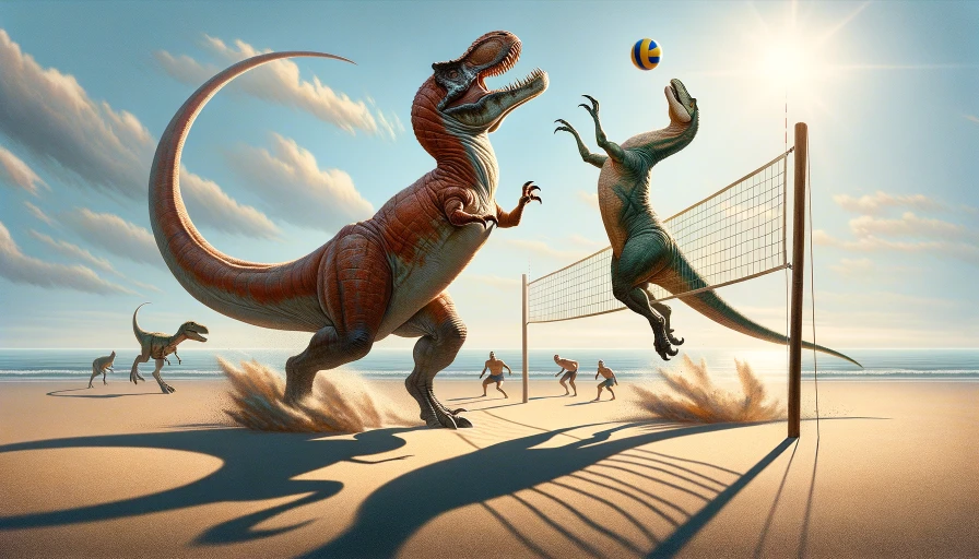 Two dinosaurs playing volleyball