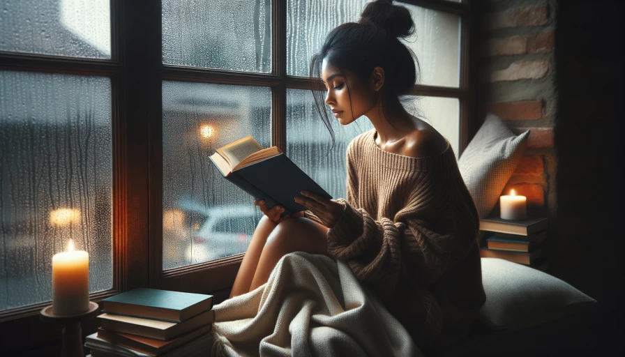 Young lady reading book on raining day sitting in a window perch