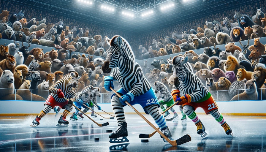 Zebras playing hockey in a stadium