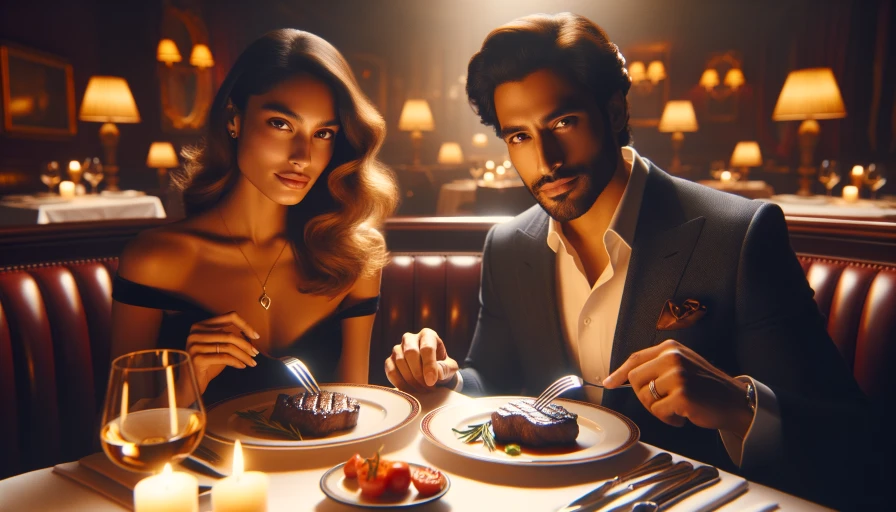 A  photo of common American couple out to dinner at a fancy restaurant. Dim light, steaks, close up