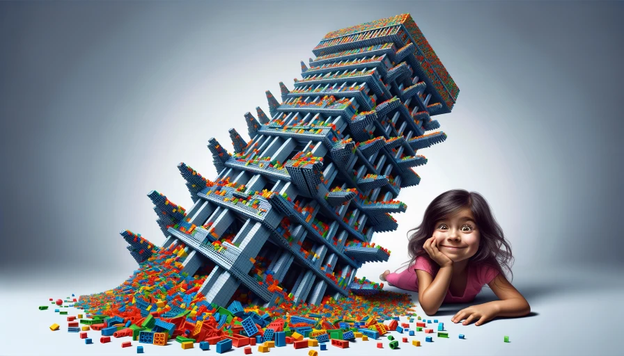 A big giant tower made of lego bricks with a kid at bottom attempting to knock down