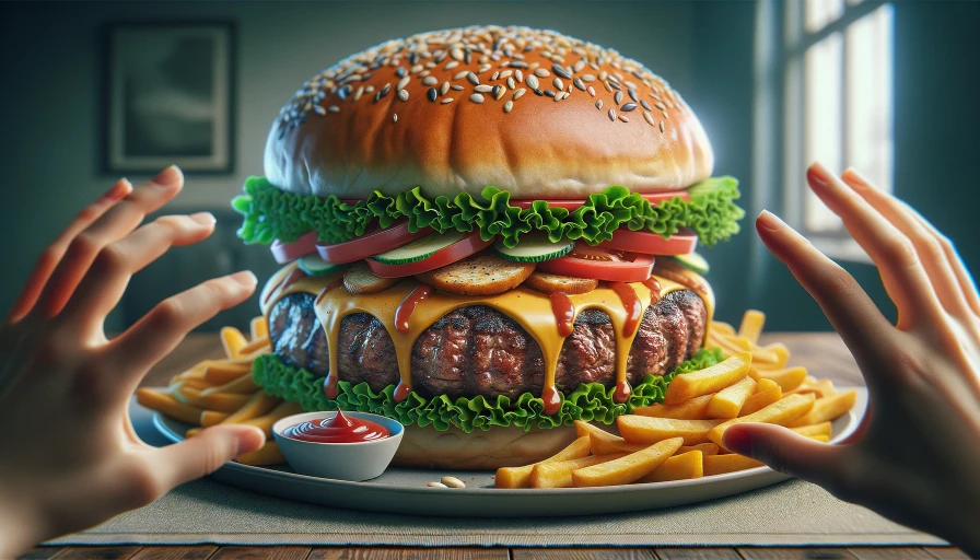 A big huge juicy hamburger on a plate with fries