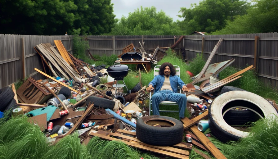 A crazed man sitting in lawn chair in front yard. Yard is a mess, has tires, wood, broken grill, overgrown weeds and grass