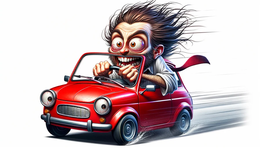 A maniac cartoon guy driving a small car