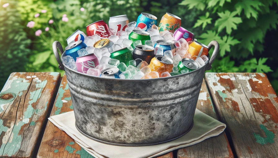 A metal bucket of overflowing ice and various sodas, on a picnic table