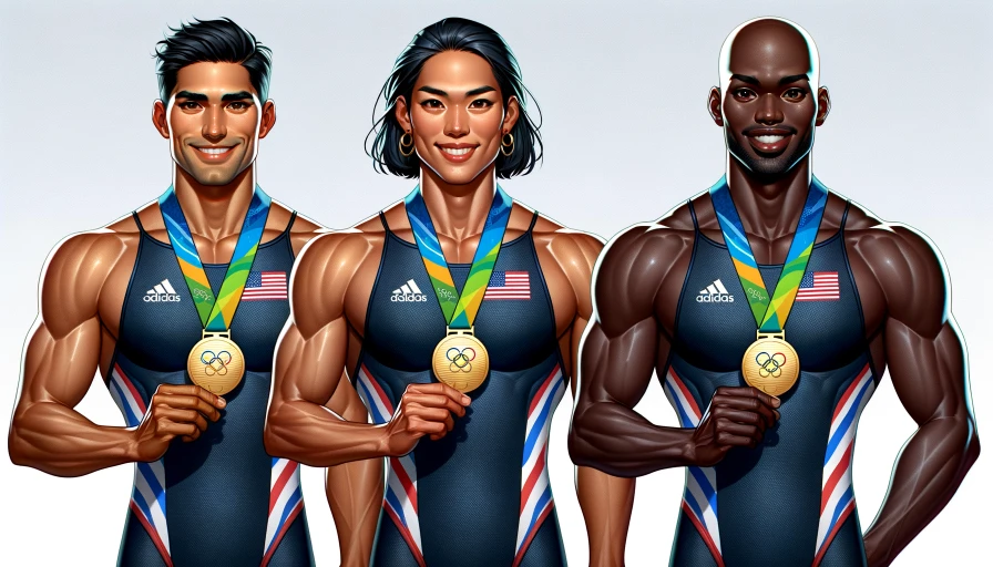 A photo of gold people medal winners of olympic swimming. The people should be in swim suites