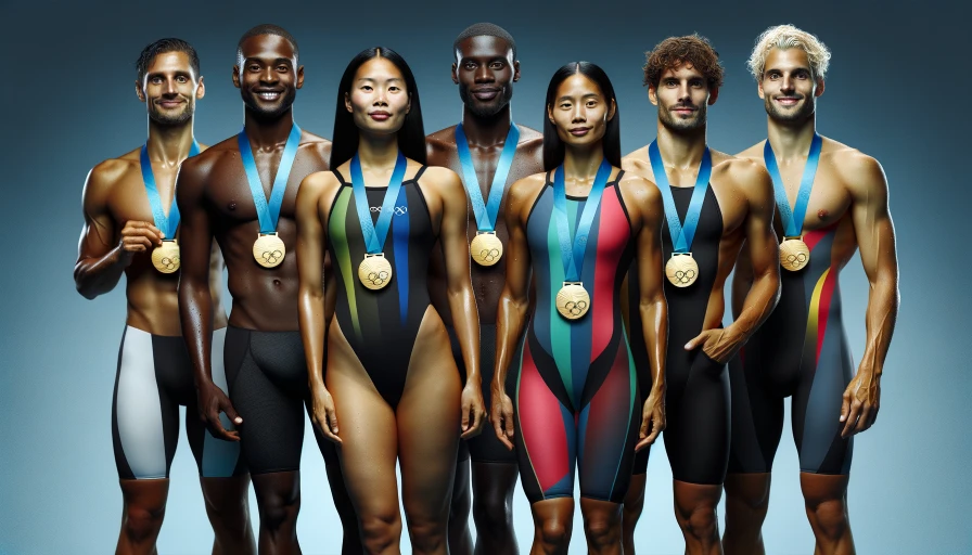 A photo of gold people medal winners of olympic swimming. The people should be in swim suites