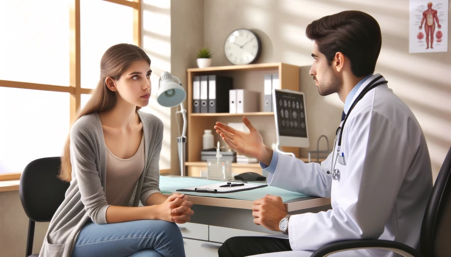 A photo of woman (patient) in a doctor's office for a visit. The lady is listening to the doctor tell her things. The discussion is calm and coveys information