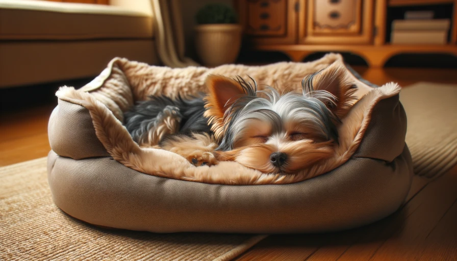 An Australian silky terrier sleeping in a dog bed