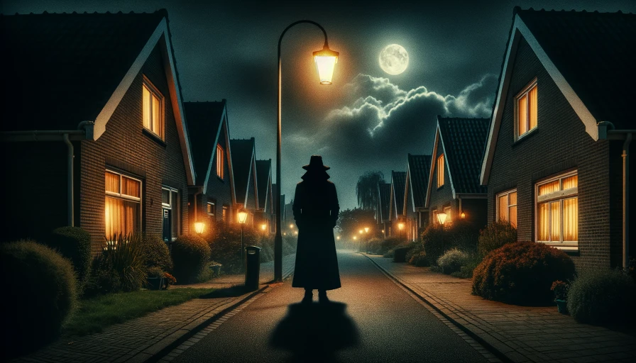 Dark street in suburbs with an ominous dark figure in distance